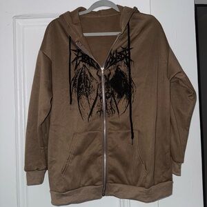 Brown Zip-Up Hoodie with Black Graphic